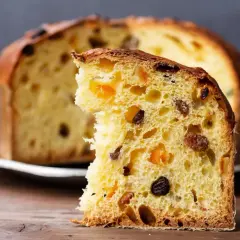 Pyszna babka włoska, z widocznymi rodzynkami i kandyzowanymi owocami, kusi swoim puszystym wnętrzem.