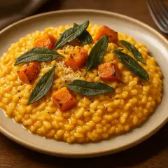 Aksamitne dyniowe risotto z kawałkami pieczonej dyni i listkami szałwii, posypane parmezanem.