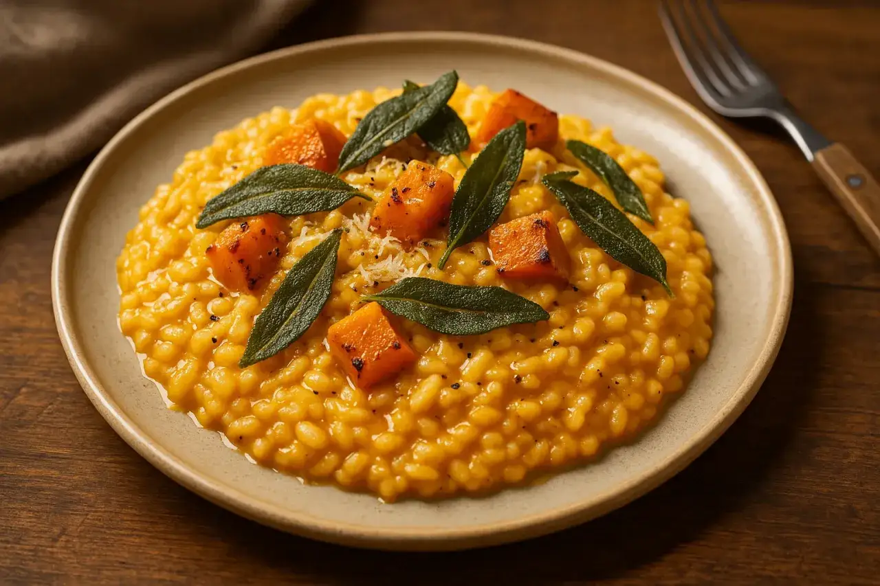 Pyszne dyniowe risotto z kawałkami pieczonej dyni i listkami szałwii, posypane parmezanem.