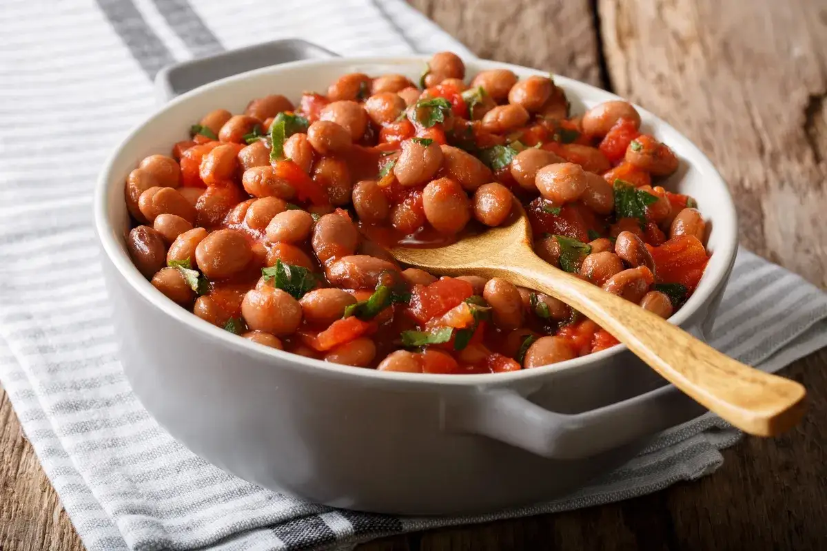 Miseczka fasolki w sosie pomidorowym z ziołami, przykład kuchni włoskiej cucina povera. Drewniana łyżka zanurzona w daniu.