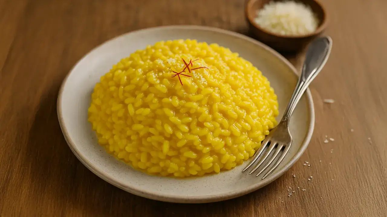 Aksamitne risotto alla milanese, ozdobione nitkami szafranu, na talerzu z widelcem. Obok miseczka z parmezanem.