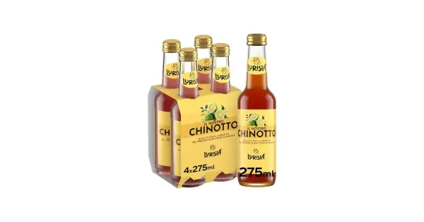Butelki napoju chinotto Lurisia, w tym 4-pak i pojedyncza butelka. To jest chinotto, co to za napój?