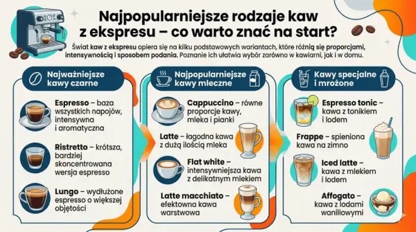Grafika przedstawia rodzaje kaw z ekspresu. Wśród nich jest latte, kawa z dużą ilością mleka, oraz flat white – intensywniejsza wersja z delikatnym mlekiem.